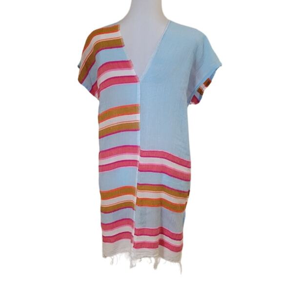 Striped V-Neck‎ Short Sleeve Fringed Swim Cover Up Summer Vacation Beach - M - Picture 2 of 5